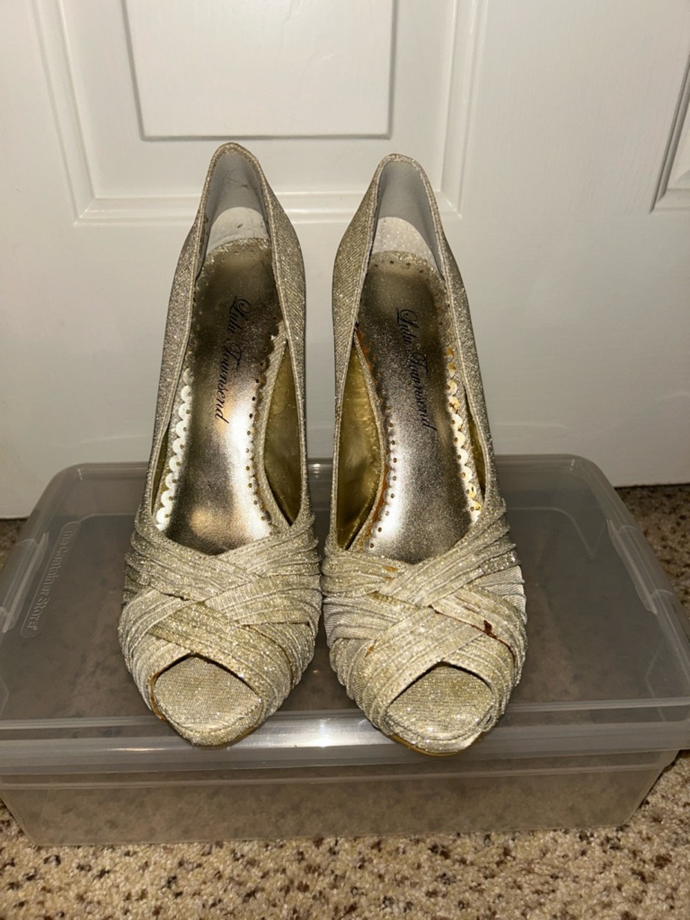 Lulu Townsend Gold Glitter Crisscross Peep-Toe Heels
